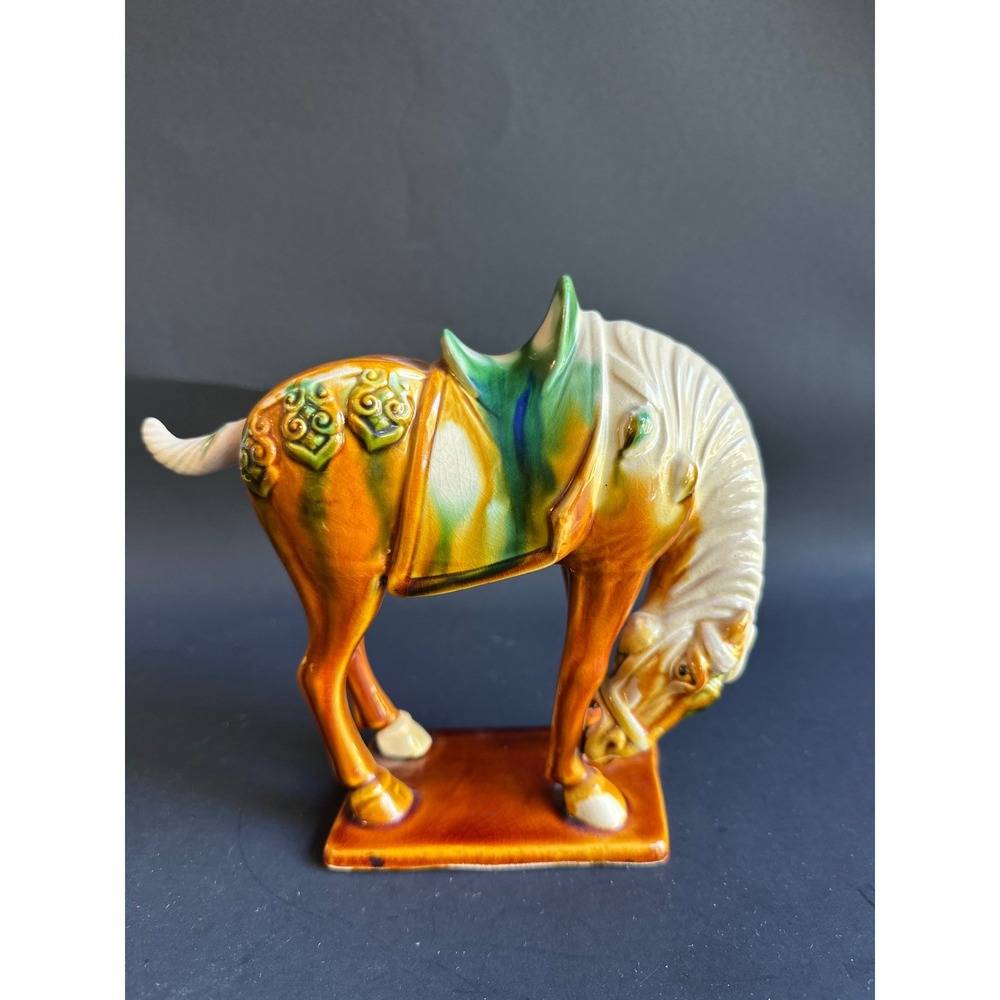 Vintage Chinese Tang Sancai Style Horse Figurine Luoyang Label Amber Green 7.5"